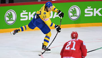 Rickard Rakell rips a shot representing his home country, Sweden, in international play