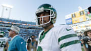 Dec 15, 2024; Jacksonville, Florida, USA; New York Jets quarterback Aaron Rodgers (8) after the game against the Jacksonville Jaguars at EverBank Stadium. Mandatory Credit: Morgan Tencza-Imagn Images