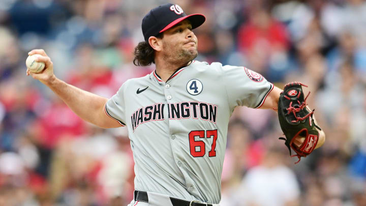 Jun 2, 2024; Cleveland, Ohio, USA; Washington Nationals relief pitcher Kyle Finnegan (67) throws a pitch during the ninth inning against the Cleveland Guardians at Progressive Field