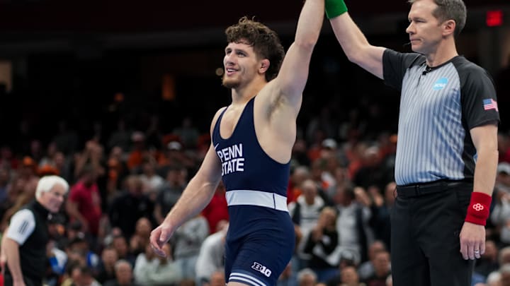 Mar 21, 2026; Cleveland, OH, USA;  Penn State Nittany Lions Levi Haines reacts to defeating Nebraska Cornhuskers Christopher Minto during the NCAA DI Wrestling Championship at Rocket Arena. Mandatory Credit: Aaron Doster-Imagn Images