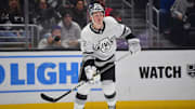 Feb 24, 2024; Los Angeles, California, USA; Los Angeles Kings defenseman Brandt Clarke (92) in action against the Anaheim Ducks during the first period at Crypto.com Arena. Mandatory Credit: Gary A. Vasquez-Imagn Images