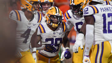 LSU Tigers running back Caden Durham (29) celebrates with teammates after scoring Saturday, Aug. 30, 2025 during the NCAA football game against the Clemson Tigers at Memorial Stadium in Clemson, South Carolina. LSU Tigers won 17-10.