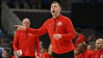 Feb 23, 2025; Los Angeles, California, USA; Ohio State Buckeyes head coach Jake Diebler yells to his players during the first half against the UCLA Bruins at Pauley Pavilion presented by Wescom. Mandatory Credit: Robert Hanashiro-Imagn Images