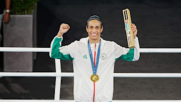 Imane Khelif celebrates her gold medal ceremony during the Paris 2024 Olympic Summer Games on Aug. 9, 2024.