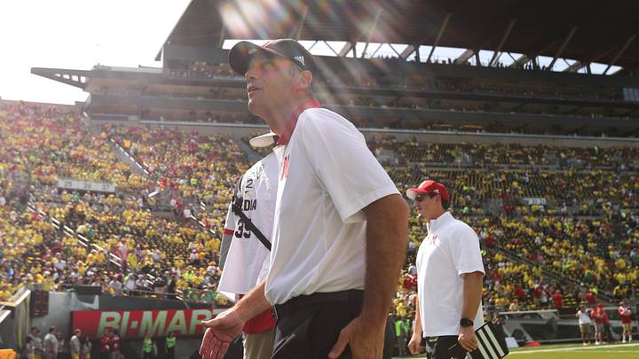 Sep 9, 2017; Eugene, OR, USA; Former Oregon State Football coach and current Nebraska Cornhuskers head coach Mike Riley walks to the locker room before the Cornhuskers take on Oregon Ducks at Autzen Stadium. Mandatory Credit: Jaime Valdez-Imagn Images
