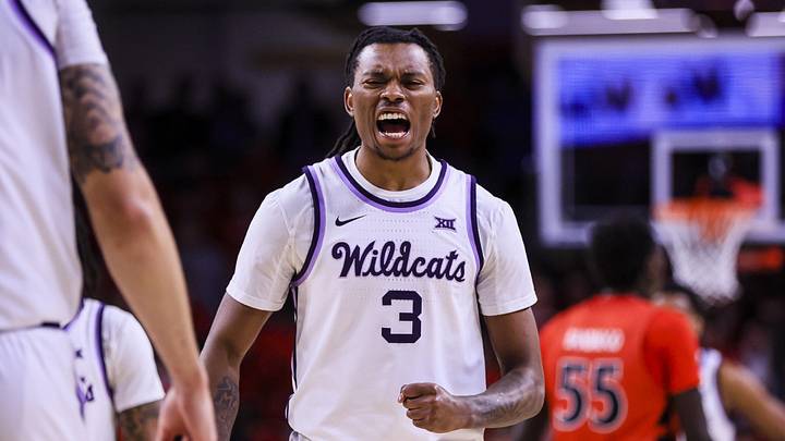 Mar 5, 2025; Cincinnati, Ohio, USA; Kansas State Wildcats guard C.J. Jones (3) reacts after a play against the Cincinnati Bearcats in the second half at Fifth Third Arena. Mandatory Credit: Katie Stratman-Imagn Images