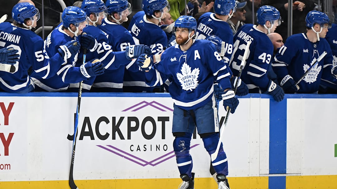 Apr 11, 2026; Toronto, Ontario, CAN;  Toronto Maple Leafs forward William Nylander (88) celebrates with teammates after scoring against the Florida Panthers in the second period at Scotiabank Arena. Mandatory Credit: Dan Hamilton-Imagn Images