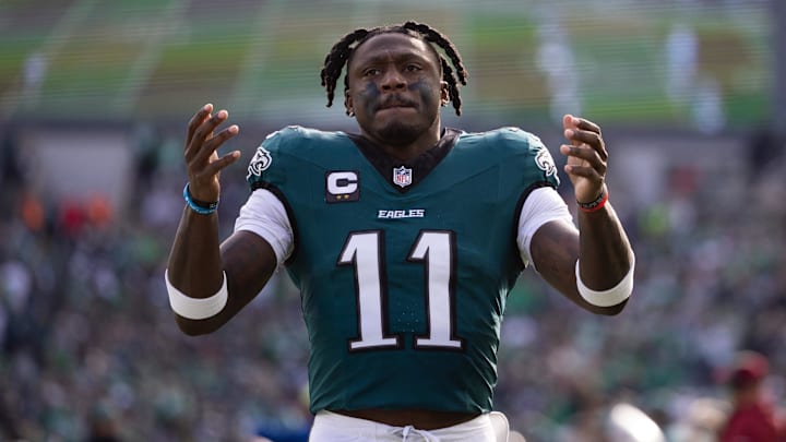 Dec 8, 2024; Philadelphia, Pennsylvania, USA;  Philadelphia Eagles wide receiver A.J. Brown (11) before the start of action against the Carolina Panthers at Lincoln Financial Field.