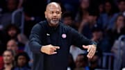 Nov 29, 2025; Miami, Florida, USA; Detroit Pistons head coach J.B. Bickerstaff instructs his team against the Miami Heat during the first half at Kaseya Center. Mandatory Credit: Rhona Wise-Imagn Images