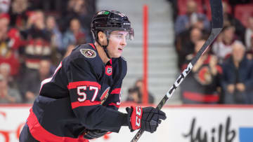 Jan 25, 2023; Ottawa, Ontario, CAN; Ottawa Senators center Shane Pinto (57) skates to the bench after scoring in thew first period against the New York Islanders  at the Canadian Tire Centre. Mandatory Credit: Marc DesRosiers-USA TODAY Sports