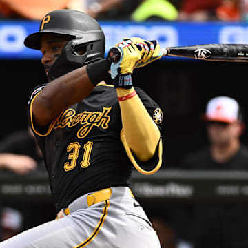 Sep 11, 2025; Baltimore, Maryland, USA;  Pittsburgh Pirates shortstop Liover Peguero (31) singles during the seventh inning against the Baltimore Orioles at Oriole Park at Camden Yards. Mandatory Credit: James A. Pittman-Imagn Images