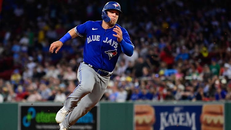 Aug 4, 2023; Boston, Massachusetts, USA; Toronto Blue Jays center fielder Daulton Varsho (25) scores