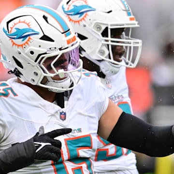Miami Dolphins linebacker Jaelan Phillips celebrates after a tackle against the Cleveland Browns at Huntington Bank Field. 
