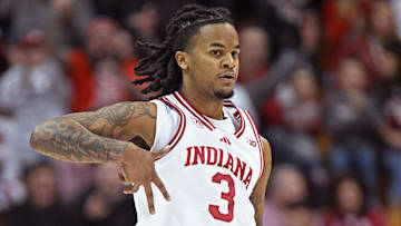 Indiana guard Lamar Wilkerson celebrates after a 3-pointer vs. Milwaukee on Nov. 12, 2025, at Simon Skjodt Assembly Hall.