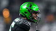 Oregon Ducks wide receiver Tez Johnson celebrates during the Big Ten Championship game.