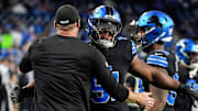Lions head coach Dan Campbell show his affection fro defensive end Levi Onwuzurike, the ex-Husky defensive tackle.