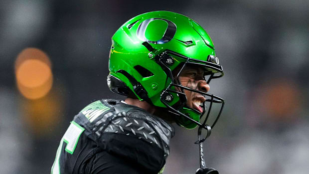 Oregon Ducks wide receiver Tez Johnson (15) celebrates Saturday, Dec. 7, 2024, during the Big Ten Championship game between t