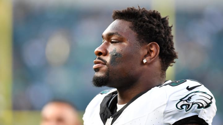 Aug 17, 2023; Philadelphia, Pennsylvania, USA; Philadelphia Eagles defensive end Janarius Robinson (59) against the Cleveland Browns at Lincoln Financial Field. Mandatory Credit: Eric Hartline-USA TODAY Sports