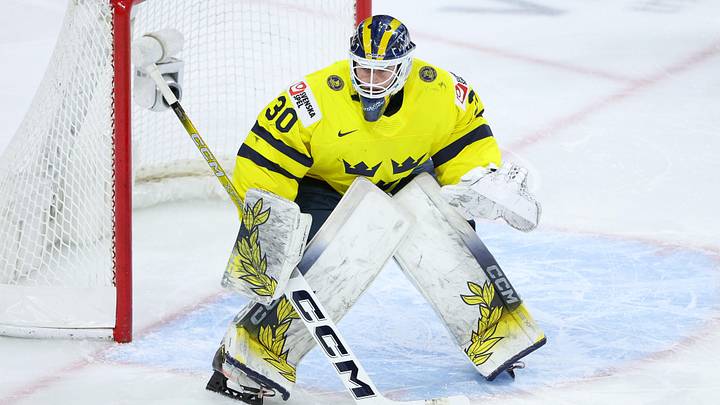 Jan 2, 2026; St. Paul, Minnesota, UNITED STATES; Sweden goalie Love Harenstam (30) defends his net against Latvia during the first period in the quarterfinals of the 2026 IIHF World Junior Championship at Grand Casino Arena. Mandatory Credit: Matt Krohn-Imagn Images