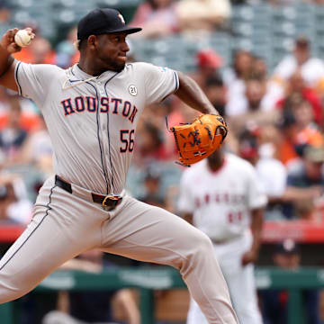 Sep 15, 2024; Anaheim, California, USA;  Houston Astros starting pitcher Ronel Blanco (56) pitches during the third inning against the Los Angeles Angels at Angel Stadium.