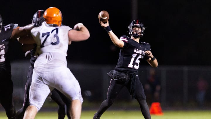 Palm Beach Central quarterback Caleb Butler throws the ball during their game against Benjamin in Wellington, Florida on October 6, 2023.