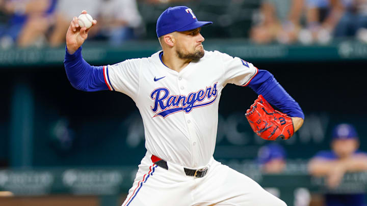 Sep 4, 2024; Arlington, Texas, USA; Texas Rangers pitcher Nathan Eovaldi (17) throws during the first inning against the New York Yankees at Globe Life Field. Mandatory Credit: Andrew Dieb-Imagn Images