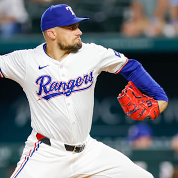 Sep 4, 2024; Arlington, Texas, USA; Texas Rangers pitcher Nathan Eovaldi (17) throws during the first inning against the New York Yankees at Globe Life Field