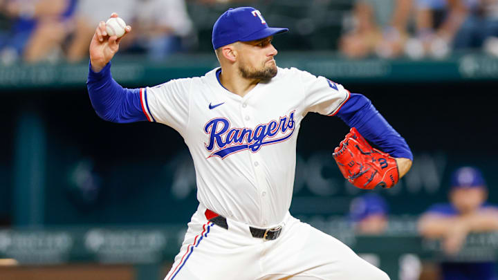 Sep 4, 2024; Arlington, Texas, USA; Texas Rangers pitcher Nathan Eovaldi (17) throws during the first inning against the New York Yankees at Globe Life Field