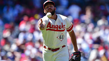 Aug 6, 2023; Anaheim, California, USA; Los Angeles Angels starting pitcher Chase Silseth (63) tosses