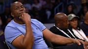 May 18, 2025; Los Angeles, California, USA;  Magic Johnson attends a WNBA game between the Los Angeles Sparks and the Minnesota Lynx at Crypto.com Arena. Mandatory Credit: Kiyoshi Mio-Imagn Images