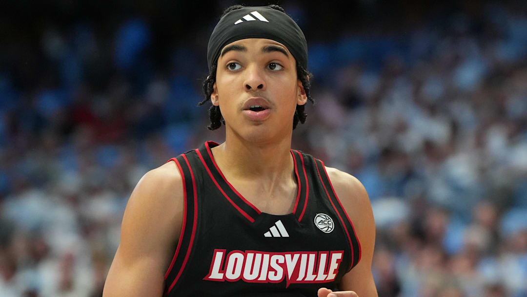 Feb 23, 2026; Chapel Hill, North Carolina, USA; Louisville Cardinals guard Mikel Brown Jr. (0) on the court in the second half at Dean E. Smith Center. Mandatory Credit: Bob Donnan-Imagn Images