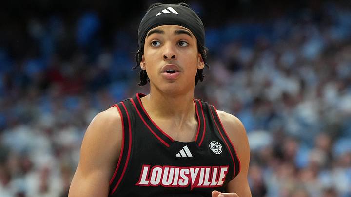 Feb 23, 2026; Chapel Hill, North Carolina, USA; Louisville Cardinals guard Mikel Brown Jr. (0) on the court in the second half at Dean E. Smith Center. Mandatory Credit: Bob Donnan-Imagn Images