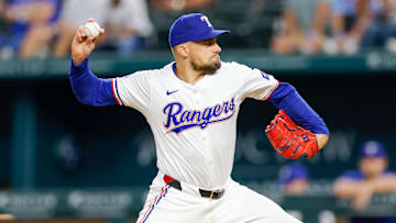 Sep 4, 2024; Arlington, Texas, USA; Texas Rangers pitcher Nathan Eovaldi (17) throws during the first inning against the New York Yankees at Globe Life Field.