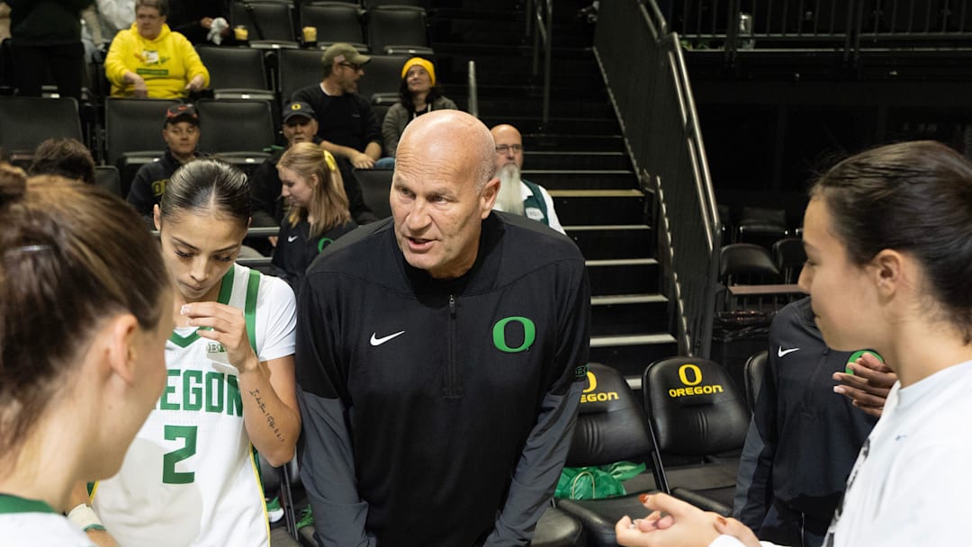Oregon coach Kelly Graves, center, brings his team together before their game against West Georgia at Matthew Knight Arena in Eugene Nov 3, 2025. Oregon coach Kelly Graves, center, brings his team together before their game against West Georgia at Matthew Knight Arena in Eugene Nov 3, 2025.