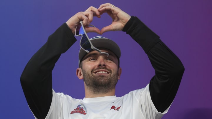 Feb 4, 2024; Orlando, FL, USA; NFC quarterback Baker Mayfield (6) of the Tampa Bay Buccaneers reacts after the 2024 Pro Bowl at Camping World Stadium. Mandatory Credit: Nathan Ray Seebeck-USA TODAY Sports