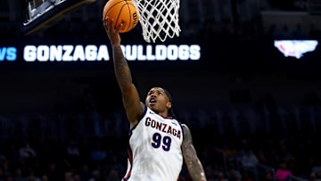 Mar 20, 2025; Wichita, KS, USA; Gonzaga Bulldogs guard Khalif Battle (99) shoots in the first half of a first round men’s NCAA Tournament game against the Georgia Bulldogs at Intrust Bank Arena. Mandatory Credit: Nick Tre. Smith-Imagn Images