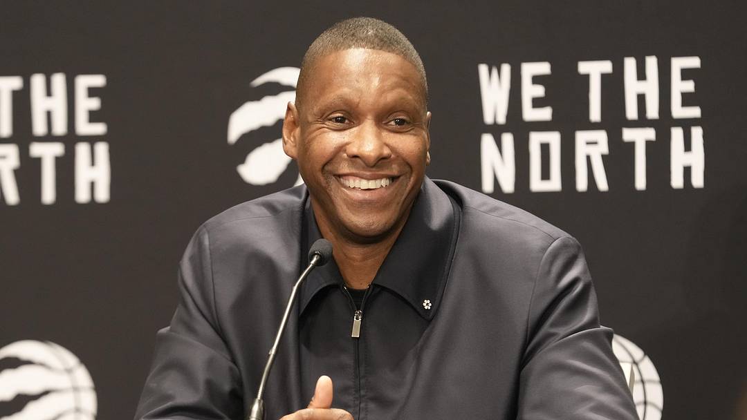Oct 2, 2023; Toronto, ON, Canada; Toronto Raptors president Masai Ujiri smiles after a question by the media during Media Day at the Hilton Toronto. Mandatory Credit: John E. Sokolowski-Imagn Images
