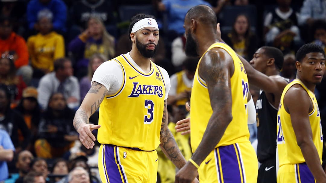 Los Angeles Lakers forward Anthony Davis (3) reacts with forward LeBron James (23) during the second half against the Memphis Grizzlies at FedExForum. 