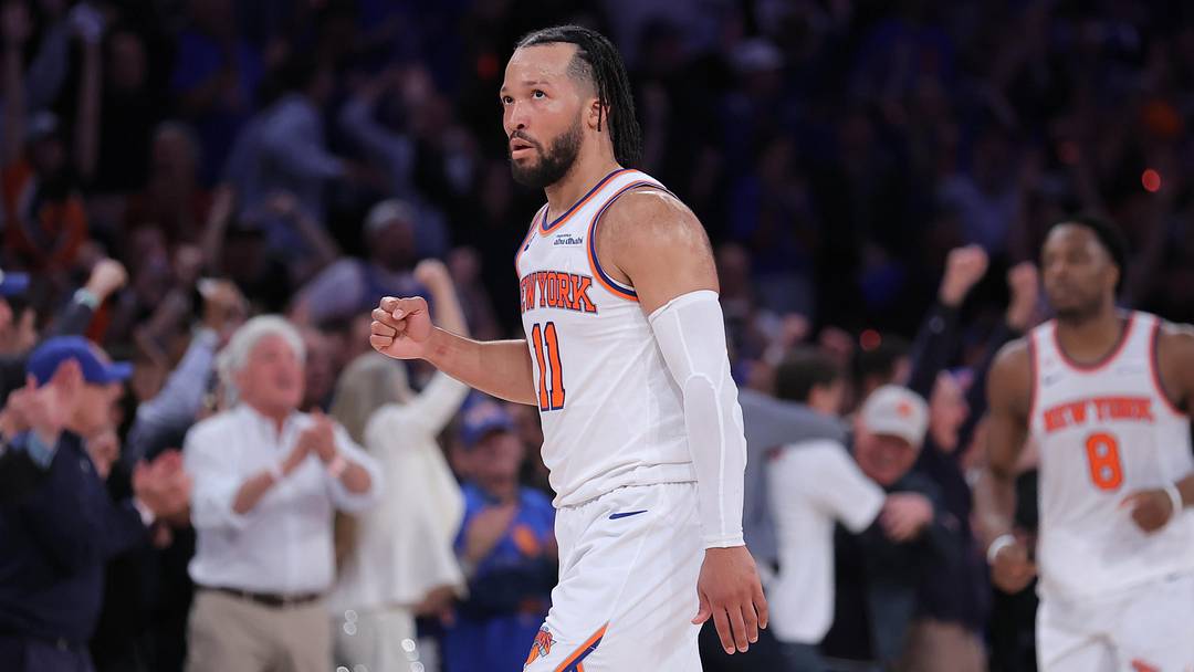 Jun 10, 2026; New York, New York, USA; New York Knicks guard Jalen Brunson (11) reacts in the fourth quarter against the San Antonio Spurs during game four of the 2026 NBA Finals at Madison Square Garden. Mandatory Credit: Brad Penner-Imagn Images