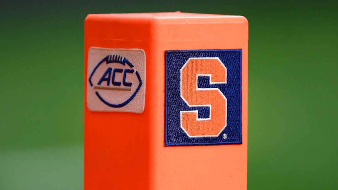 Sep 9, 2023; Syracuse, New York, USA; Detailed view of an end zone pylon with the Atlantic Coast Conference logo and Syracuse Orange logo prior to the game against the Western Michigan Broncos  at the JMA Wireless Dome. Mandatory Credit: Rich Barnes-Imagn Images