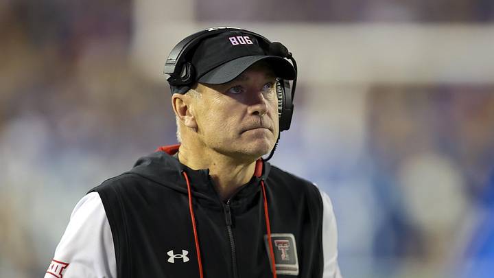 Oct 21, 2023; Provo, Utah, USA; Texas Tech Red Raiders head coach Joey McGuire looks on against the Brigham Young Cougars in the second half at LaVell Edwards Stadium. Mandatory Credit: Rob Gray-Imagn Images