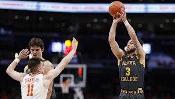 Mar 13, 2024; Washington, D.C., USA; Boston College Eagles guard Jaeden Zackery (3) shoots the ball over Clemson Tigers guard Joseph Girard III (11) in the first half at Capital One Arena. Mandatory Credit: Geoff Burke-Imagn Images