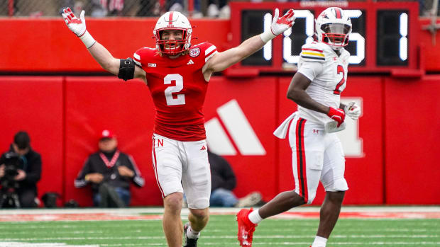 Nebraska Cornhuskers defensive back Isaac Gifford celebrates after an interception against the Maryland Terrapins.