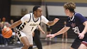 Army's Jalen Rucker drives around Fairleigh Dickinson University's Dylan Jones during the game on November 20, 2024.
