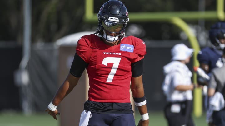 Jul 29, 2024; Houston, TX, USA; Houston Texans quarterback C.J. Stroud (7) during training camp at Houston Methodist Training Center.