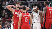 Nov 9, 2025; Milwaukee, Wisconsin, USA; Houston Rockets center Alperen Sengun (28) flexes after making a basket in the final minute of the game at Fiserv Forum. Mandatory Credit: Michael McLoone-Imagn Images