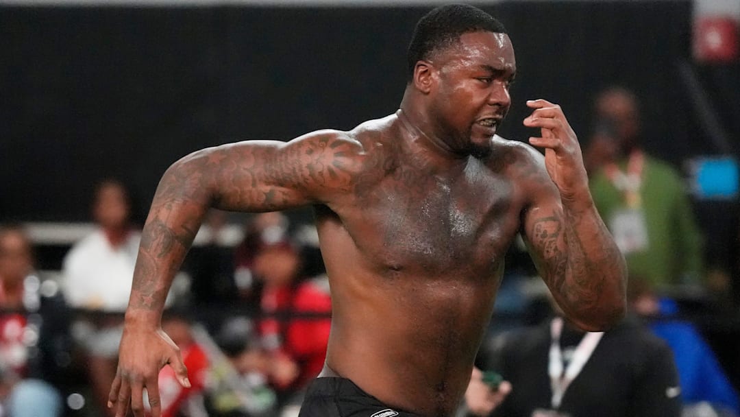 Former Georgia defensive lineman Mykel Williams runs a drill during UGA Football's Pro Day in Athens, Ga., on Wednesday, March 12, 2025. Representatives from all 32 NFL teams are on hand to watch former UGA football players in action.