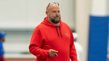 New York Giants head coach Brian Daboll watches his players warm up during Mandatory Minicamp at Quest Diagnostics Giants Training Center in East Rutherford on Tuesday, June 17, 2025.