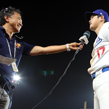 Sep 11, 2024; Los Angeles, California, USA;  Los Angeles Dodgers designated hitter Shohei Ohtani (17) talks at post game interview after defeating the Chicago Cubs 10-8 at Dodger Stadium.