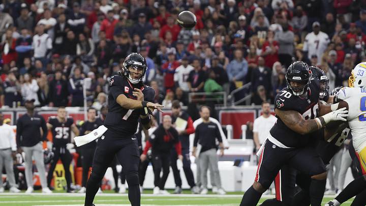 Jan 11, 2025; Houston, Texas, USA;  Houston Texans quarterback C.J. Stroud (7) throws an incomplete pass against the Los Angeles Chargers in the second quarter in an AFC wild card game at NRG Stadium. Mandatory Credit: Thomas Shea-Imagn Images